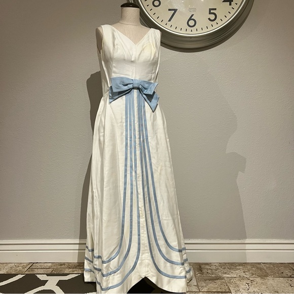 Vintage Dresses & Skirts - Vintage White Maxi Dress with Light Blue Bow and Trim